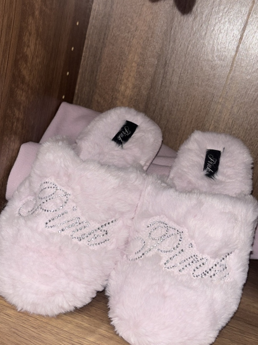 PINK Victoria's Secret Light Pink Faux-Fur Slip-On Slippers with Crystal Script